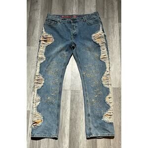 BLDG IV Jeans Light Blue Denim 5 Pocket Jeans Heavy Distress Breaking Size 38